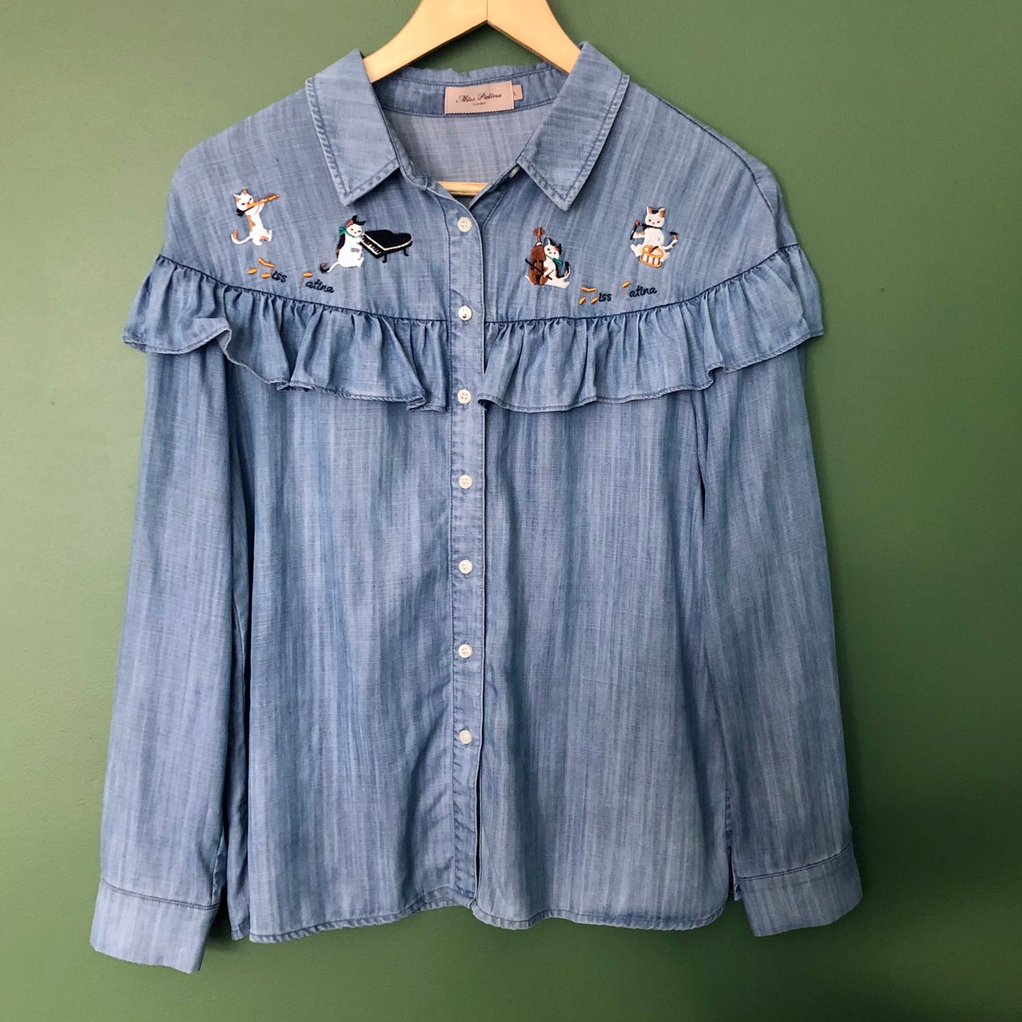 Preloved - Miss Patina London - Denim shirt with embroidered cats - UK Size 12
