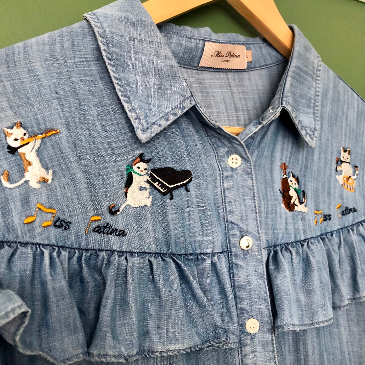 Preloved - Miss Patina London - Denim shirt with embroidered cats - UK Size 12