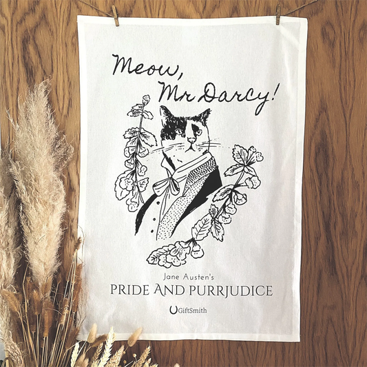 Meow, Mr Darcy! Fairtrade Cotton Literary Cat Tea Towel